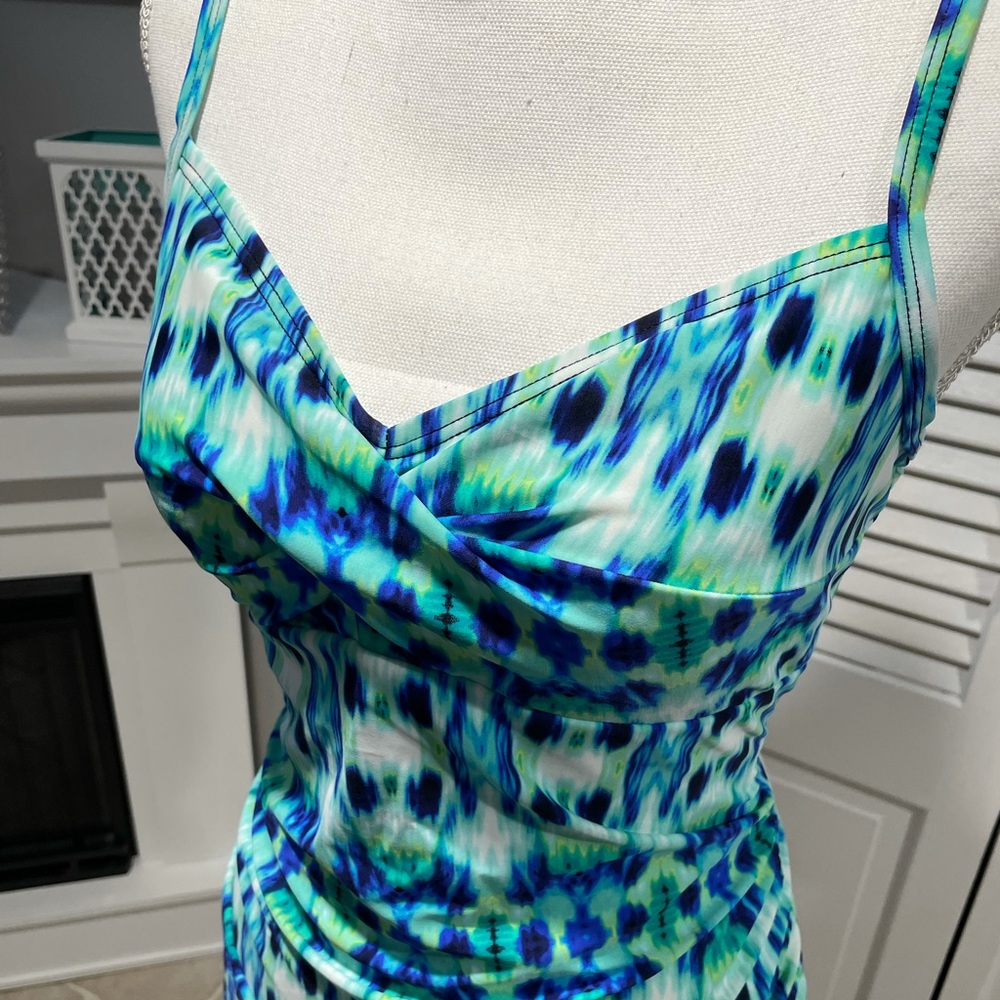 Vibrant Blue & Green Spaghetti Strap Tankini Top - Picture 2 of 4
